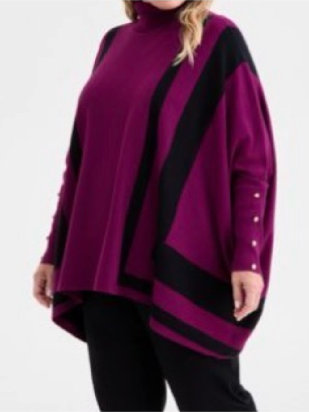 Plus Size Magenta Turtleneck Poncho Sweater with Black Accent NWT